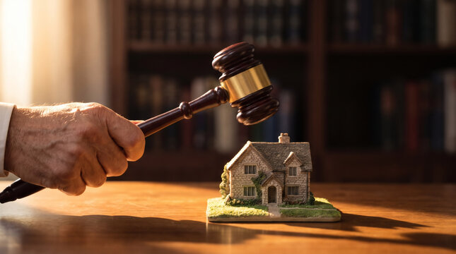 Hand Raising Wooden Gavel Above Miniature House Model for Real Estate Auction and Property Law.