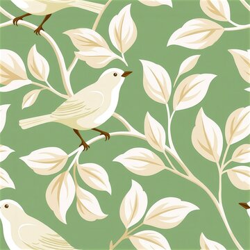 White birds perched on cream leafy branches against soft green background, seamless repeating pattern with delicate silhouettes