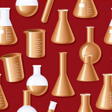 Seamless pattern of laboratory glassware including beakers, flasks, and test tubes with amber liquid on deep red background