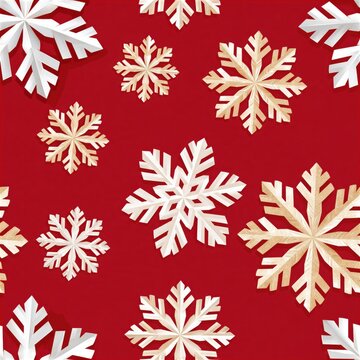 White and gold paper snowflakes scattered on deep red background, festive holiday pattern with subtle shadows and textured surfaces