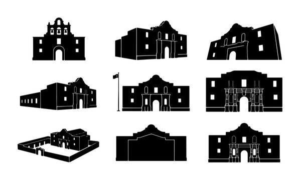 Alamo building silhouettes set with historic Texas landmark and architecture for logo and signage