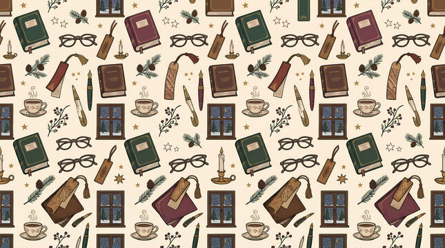 Cozy dark academia seamless pattern, vintage books and reading glasses on beige background, retro library and study room illustration