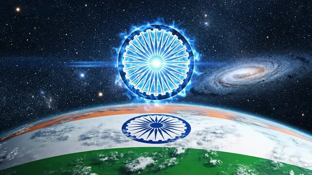 Glowing ashoka chakra floating above planet earth with indian flag texture in outer space background animation