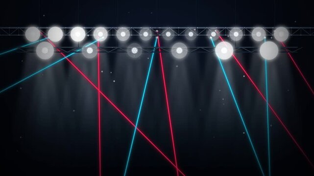 Stadium arena stage lighting truss rig with overhead floodlights and sweeping red blue laser beams, dynamic concert haze with volumetric light rays for live electronic festival in 4K