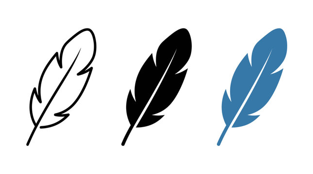Feather icon set, quill pen symbol for writing and literature