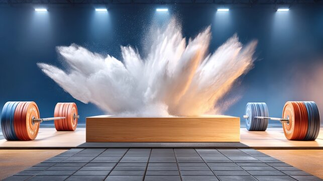 Orange and blue weightlifting barbells flanking wooden podium with explosive cloud of white powder rising above it, strength training equipment setup
