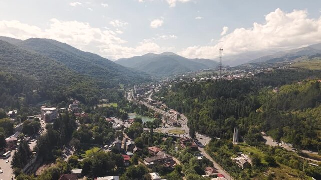 Aerial View of Scenic Dilijan Town and Forested Mountain Landscape in Armenia