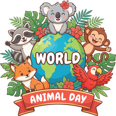 Fototapeta premium Colorful Cartoon Animals Around Globe Celebrating World Animal Day with Tropical Leaves and Festive Ribbon Banner