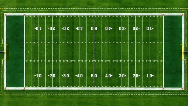 Top down aerial view of a green American football field with white yard lines, numbers, end zones, and yellow goalposts, representing professional sports competition and gridiron games