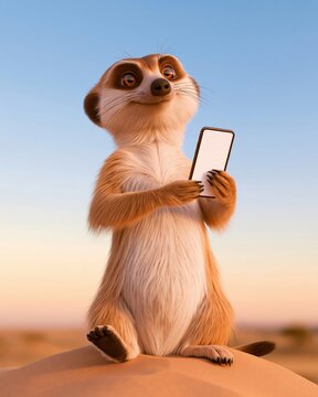 Meerkat standing upright on sandy dune holding smartphone with blank screen, warm golden hour lighting, clear blue sky background