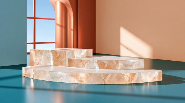 Stepped marble podium with curved tiers in warm tones, set against teal floor and terracotta walls with arched window casting sunlight