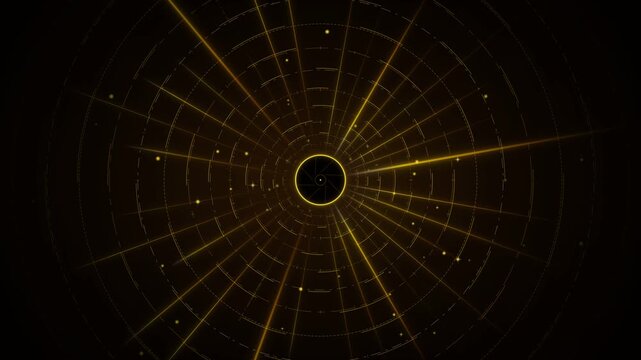 Golden luxury circular HUD data tunnel with warm yellow gold glowing laser beams, concentric rings with sparkling light specks radiating from center aperture for award ceremony in 4K