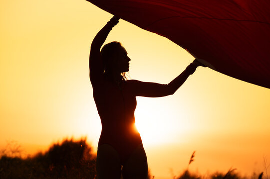 Silhouette of a woman holding a kite against sunset