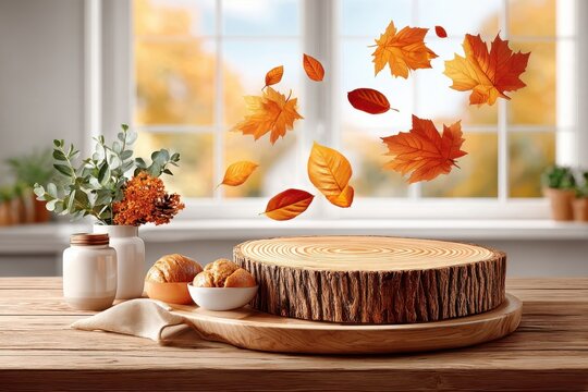 Wooden table with round oak log slice podium, floating autumn leaves, croissants and eucalyptus arrangement, fall season still life