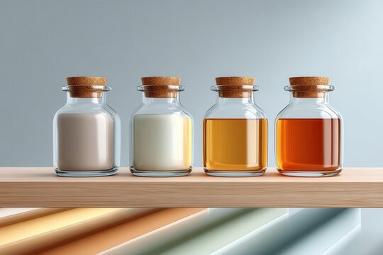 Wooden shelf holding four glass vessels with cork stoppers containing beige, white, amber and orange liquids in row for product display