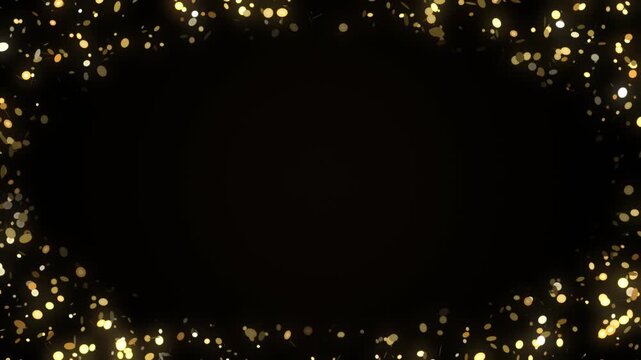 Gold glitter bokeh particles swirling around the edges of the frame in an oval border, leaving empty dark copy space in the center on a black background with warm, sparkling soft lights