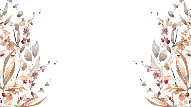 Watercolor floral and fall foliage symmetrical frame template. Red, burgundy, brown, beige and pink autumn wild flowers, eucalyptus branches, leaves and twigs. Fall nature hand drawn design clipart.