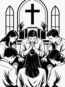 Christian Group Praying Together In Circle Inside Church With Cross Background Illustration
