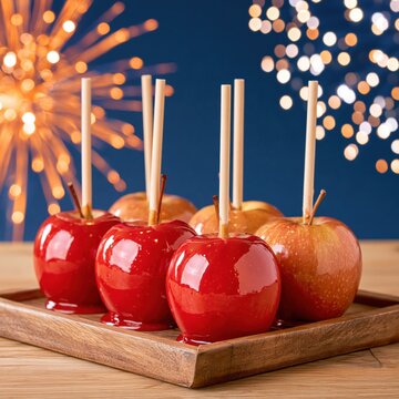 Glossy red toffee apples on wooden tray with bokeh lights background, festive night scene with candy coating and wooden sticks