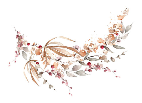 Watercolor floral fall arrangement border bouquet. Gray, burgundy, brown, pink autumn wild flowers, branches, leaves and twigs. Hand painted isolated template design.