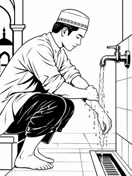 Muslim Man Performing Wudu Ablution Washing Hands Islamic Illustration