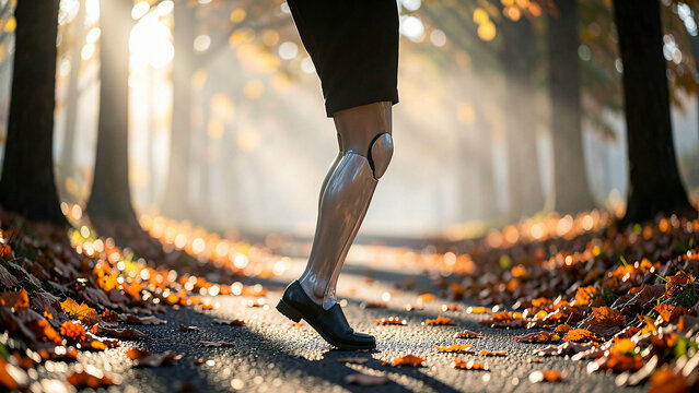 Amputee walking with advanced bionic prosthetic leg on autumn park