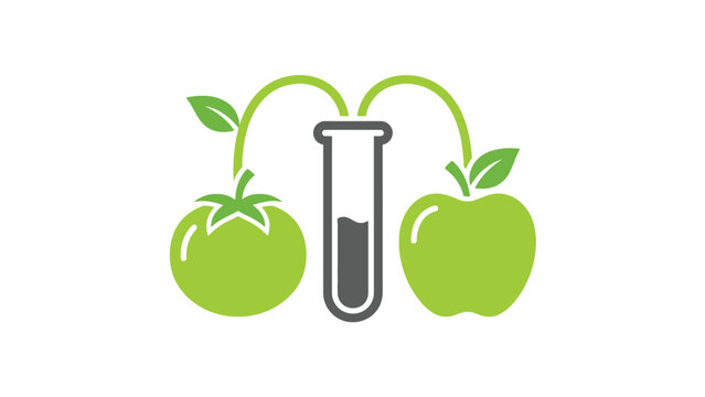 Genetically modified tomato and apple with chemical test tube in clean vector illustration style