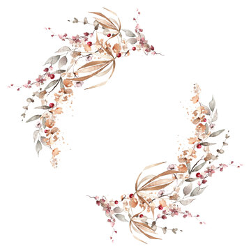 Watercolor floral fall arrangement border bouquet. Gray, burgundy, brown, pink autumn wild flowers, branches, leaves and twigs. Hand painted isolated template design.