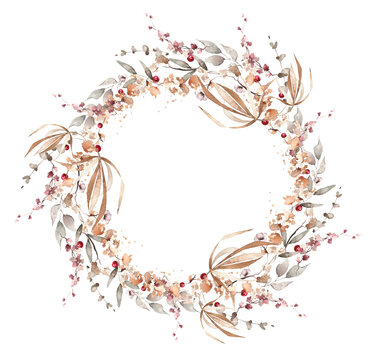 Watercolor floral fall semicircle wreath border. Gray, burgundy, brown, pink autumn wild flowers, branches, leaves and twigs. Hand painted isolated template design.