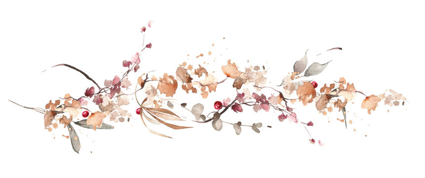 Watercolor painted foliage floral border. Orange and pink autumn wild flowers, branches, leaves, sprigs and twigs garland. Fall nature hand drawn design clipart. The aesthetics of fading.