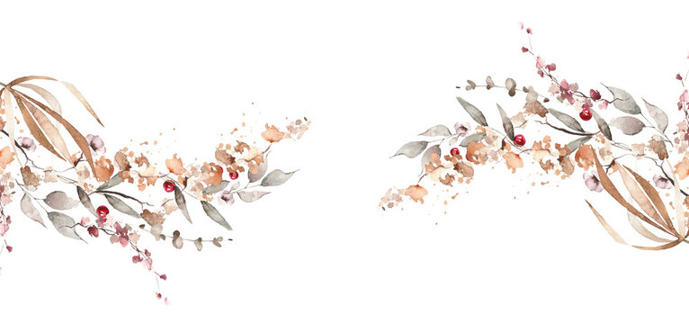 Watercolor painted foliage floral wavy border. Orange and pink autumn wild flowers, branches, leaves, sprigs and twigs garland. Fall nature hand drawn design clipart. The aesthetics of fading.