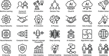 Fototapeta premium Artificial intelligence line icons set featuring machine learning neural networks deep learning and data analytics concepts