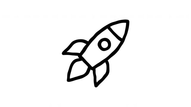 Rocket Ship For Space Travel And Launch Doodle Animation. Spaceship And Aerospace Exploration. 4K Video Loopable Overlay Element. Hand-Drawn Animated Icon With Alpha Channel.