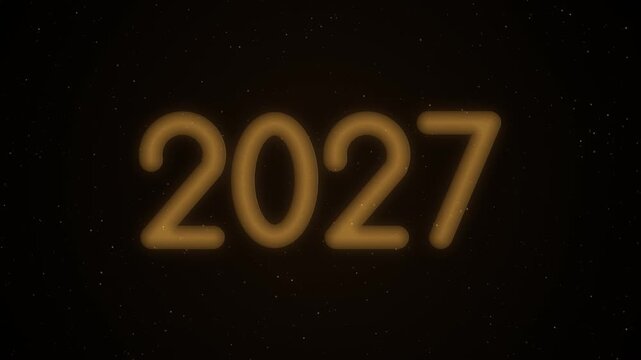 New Year 2027 in glowing amber gold rounded numbers on a dark background with a vintage film effect of flickering dust specks and vertical scratches, digits trembling with subtle jitter