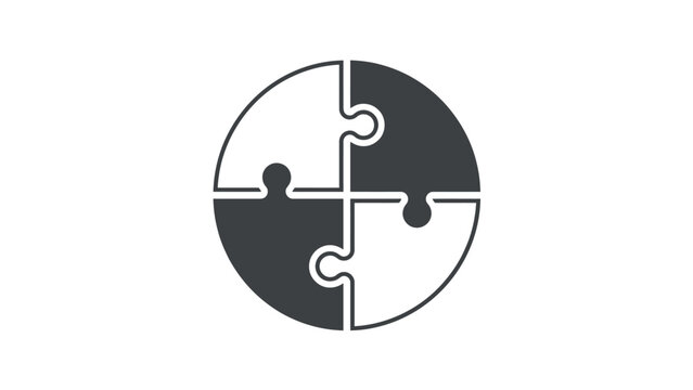 Circular puzzle icon with four interlocking pieces featuring modern minimalist graphic design style
