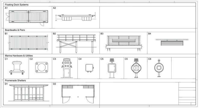 Technical CAD drawing vector of waterfront marina infrastructure featuring floating docks, boardwalks, and promenade shelters