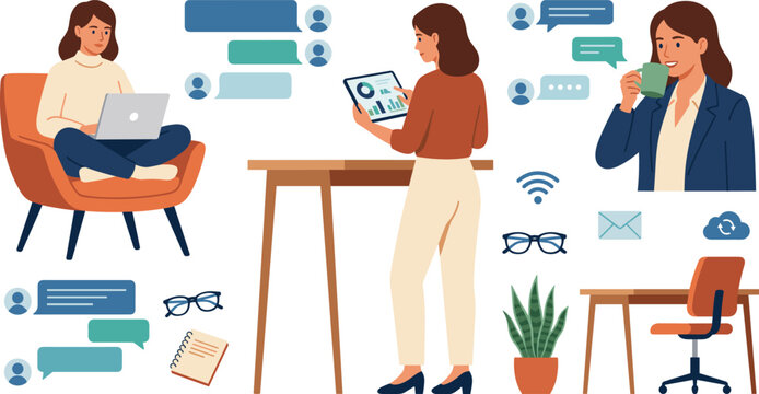 Business Woman Remote Working Vector Set With Female Character Sitting Laptop Standing Desk Drinking Coffee And Chatting For Office Concepts