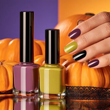 Hand with witchy halloween nail polish in purple, olive, and black shades beside matching bottles, pumpkins and black lace on reflective surface