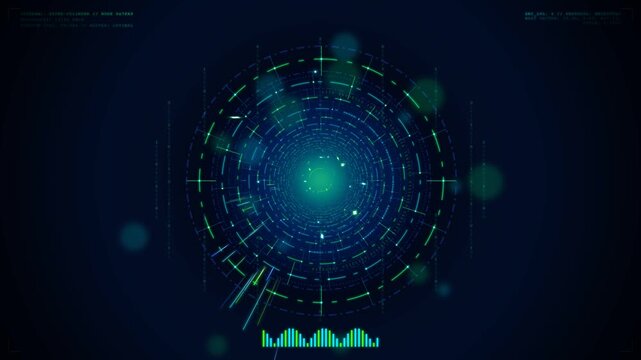 Futuristic circular HUD cyber fiberoptic data tunnel in neon cyan and green, digital binary code streams with rotating targeting reticle rings and audio spectrum analyzer in 4K UHD