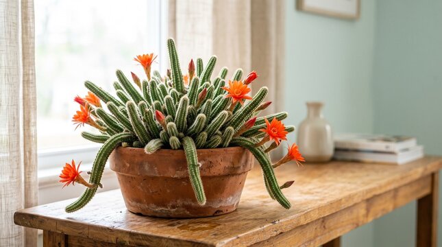 Flowering peanut cactus in a terracotta pot on a wooden table by a window, indoor houseplant decor and botanical home interior concept
