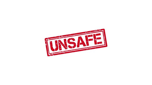Unsafe red rubber stamp impression on white background, grunge warning sign animation