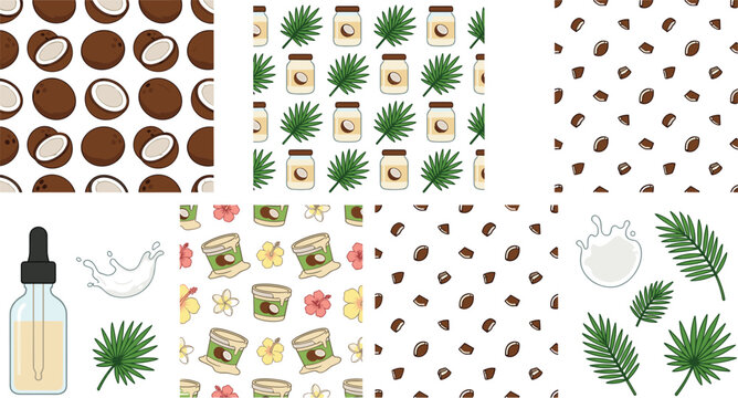 Seamless Coconut Pattern Bundle And Organic Cosmetic Elements Featuring Coconut Oil Dropper Bottle Palm Fronds Milk Splash And Exotic Flower Vectors