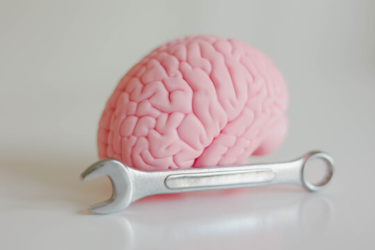 Pink brain model with a wrench symbolizing brain repair, cognitive maintenance, neuroscience, mental health, and the concept of improving or fixing cognitive function.