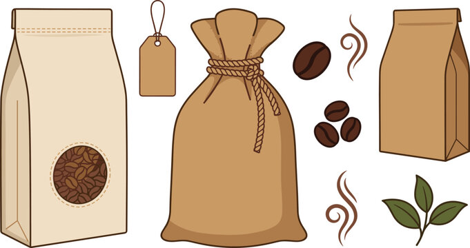 Coffee Packaging Mockup Element Vector Set Featuring Kraft Paper Bags Burlap Sack Price Tag And Roasted Beans For Cafe Branding Designs