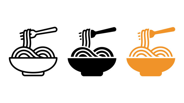 Noodles in bowl with fork icons in three vector styles spaghetti restaurant culinary