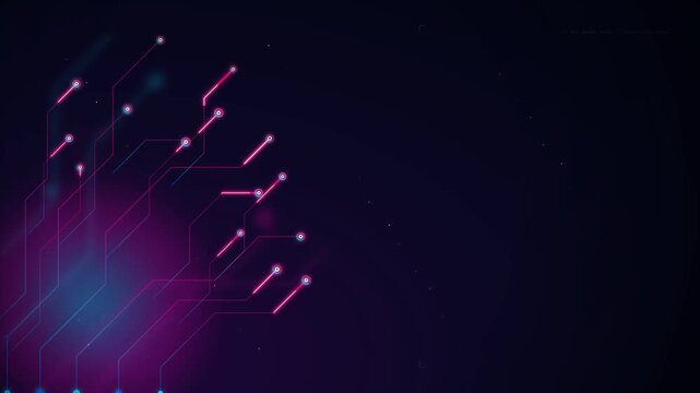 Glowing neon cyan and magenta pink PCB circuit board traces branching across dark background with empty negative copyspace for technology title reveal and corporate motion graphic in 4K