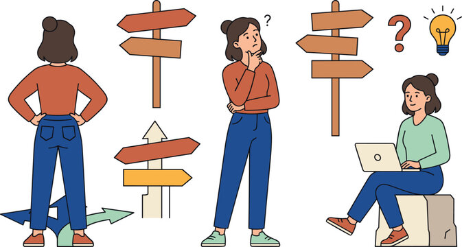 Confused Female Character Making Decisions Vector Set With Woman Thinking At Crossroad Looking At Signpost And Finding Idea On Laptop Graphic Designs