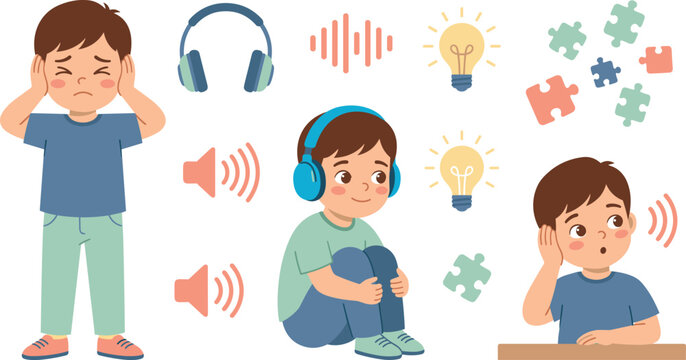 Cute Cartoon Boy Sensory Overload Vector Character Set With Noise Canceling Headphones Puzzle Pieces And Lightbulb Icons For Autism Awareness Designs