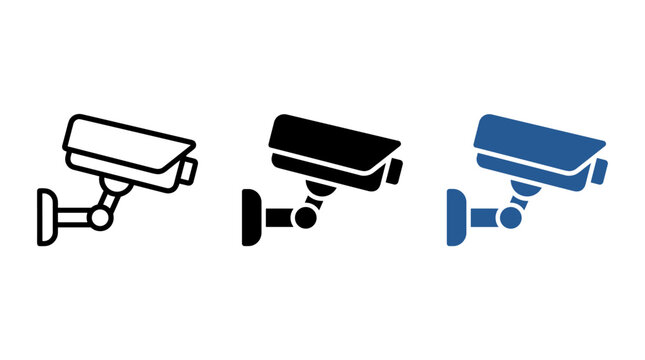 Security camera icon set, cctv surveillance symbols in three vector styles