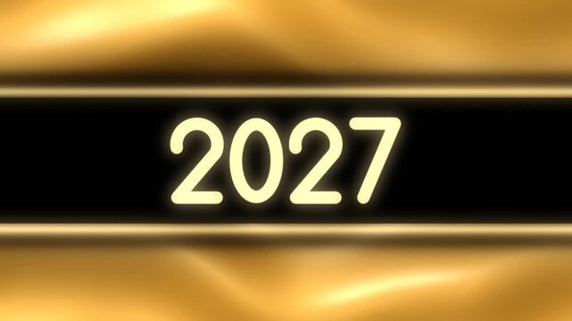 New Year 2027 revealed through an opening horizontal slit over dark blurry light streaks, then switching to glowing digits on a black band framed by flowing golden waves above and below